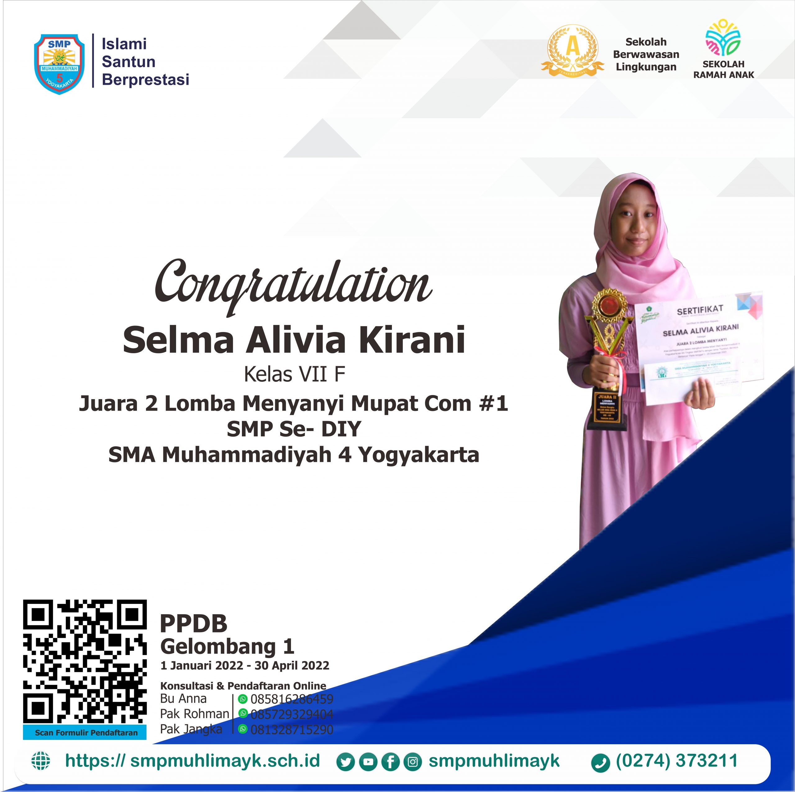 Selma Alivia Kirani dari kelas 7F Memperoleh Juara 2 Lomba Menyanyi Mupat Com #1 se Daerah Istimewa Yogyakarta