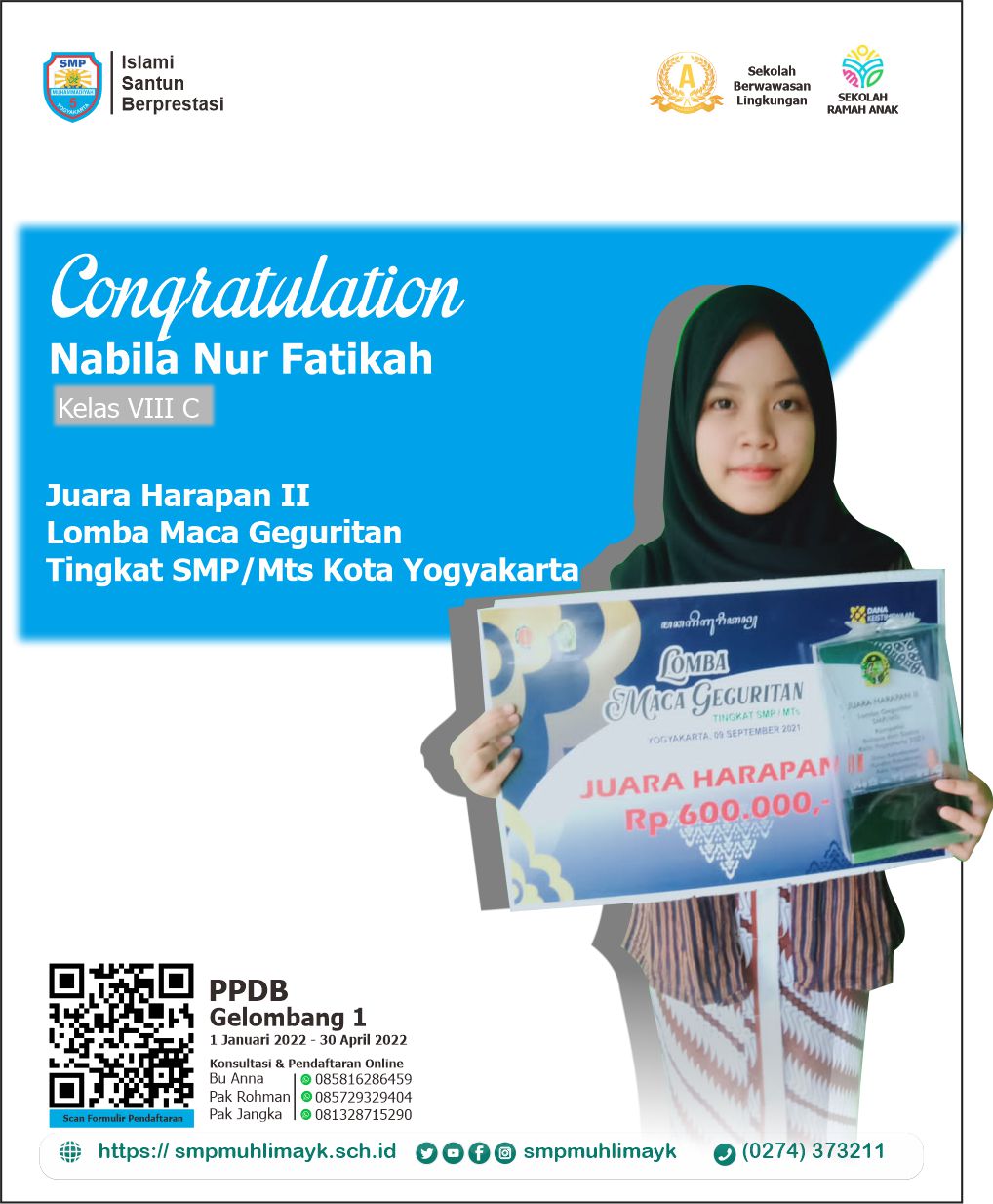 Juara Harapan II Lomba Maca Geguritan Tingkat SMP/MTs Se Kota Yogyakarta